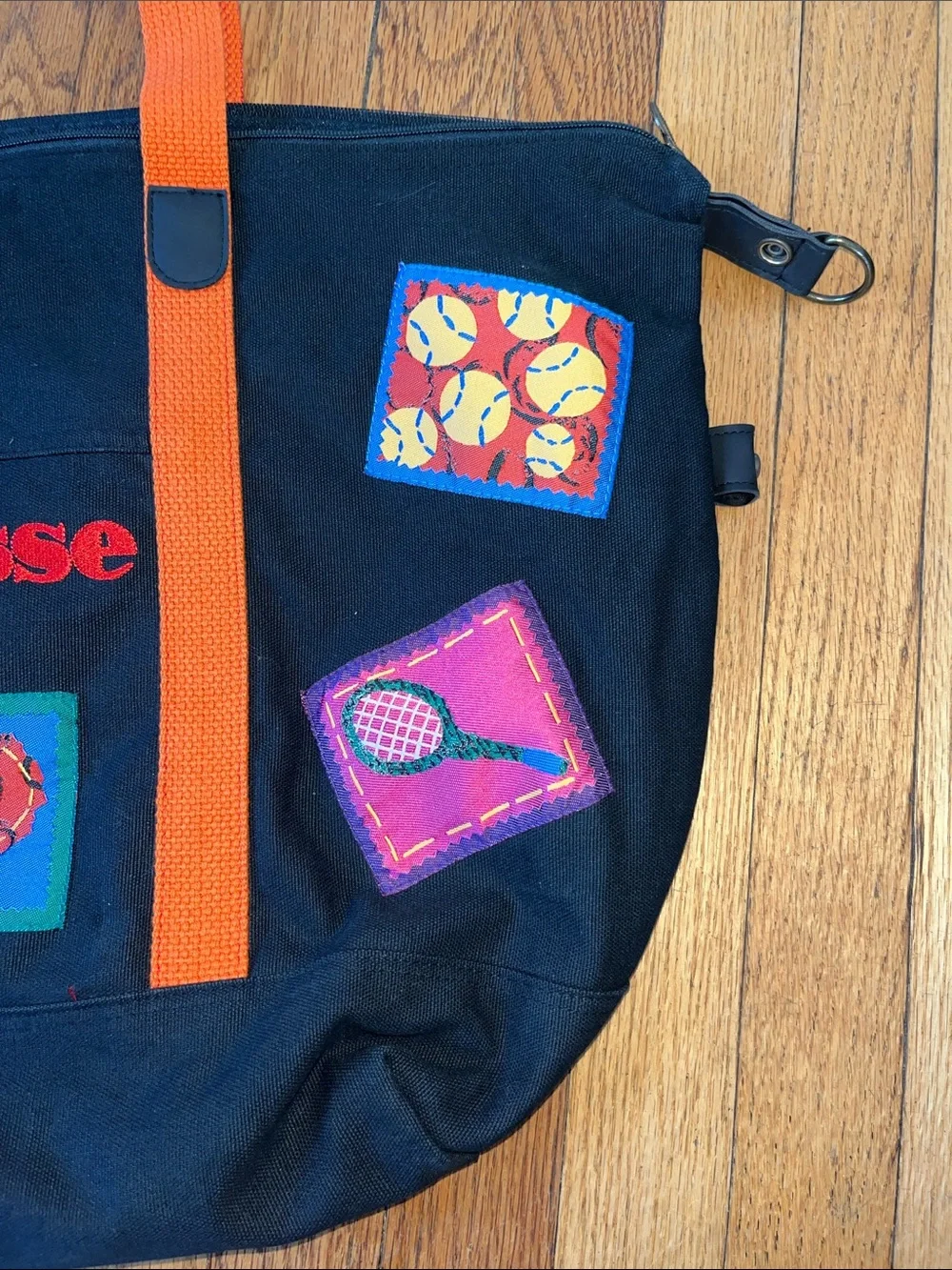 Large Vintage Ellesse 100% cotton zipper tote with tennis themed patches